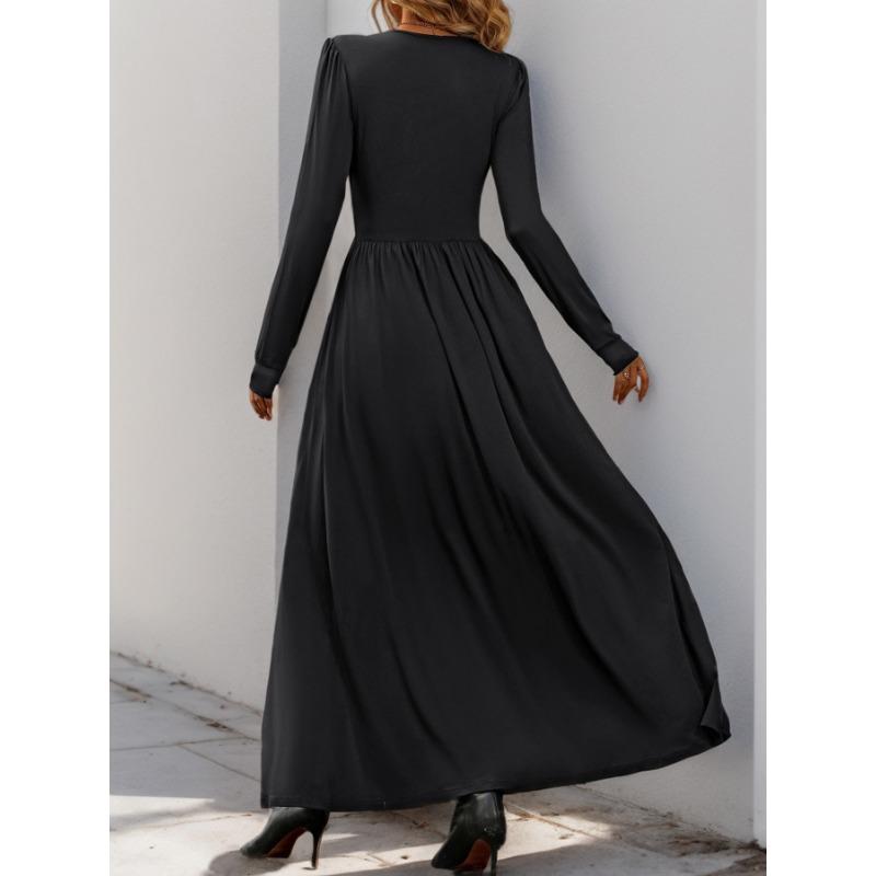 VEZFAA Women's Fashion Spring Fall Solid Color Print Long Sleeve V-Neck High Waist Casual Dresses