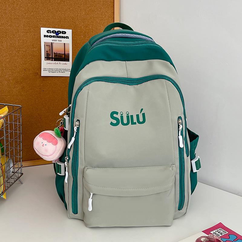 

School bag High quality high value backpack female high capacity junior high school student alphabet backpack male schoolbag + pendant зелёный