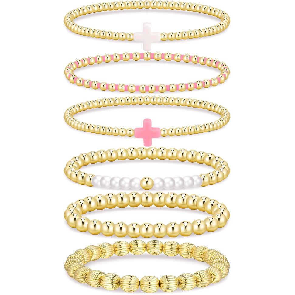 Gold Beaded Bracelets for Women, 14K Real Gold Plated Jewelry for Women Dainty Pearl Bead Bracelets Stack, Non Tarnish Trendy Stackable Ball Cross