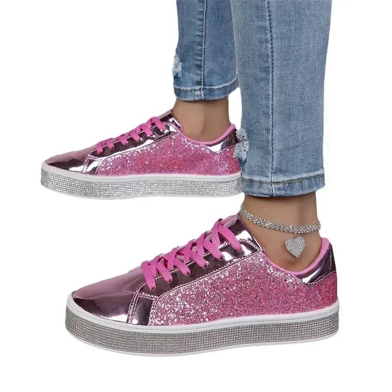 

Sequin Pink Leather Tenis Glitter Slip on Casual Sneaker Women 2026 Spring Autumn Comfort Lace-up Flat Gold Zapatillas De Mujer 36 розы красного