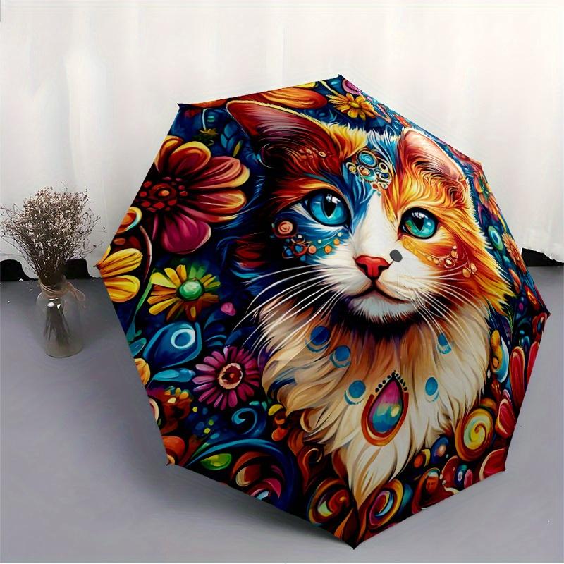 1pc Floral Cat Automatic Folding Umbrella, 8-Rib Sturdy Canopy, Portable Travel Umbrella for Outdoor Use