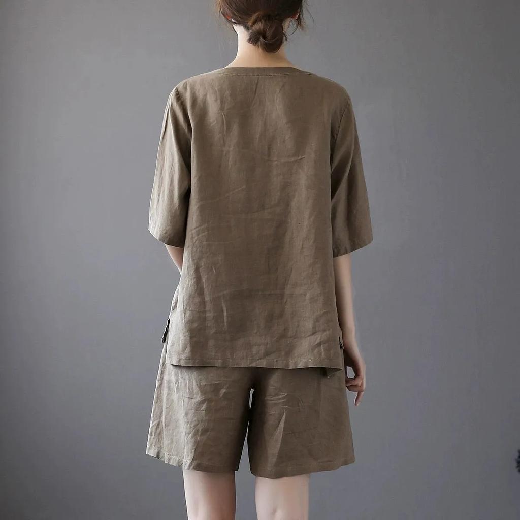 Summer Casual Sports Suit Women's V-neck Cotton and Linen Short-sleeved Shirt and Shorts Two-piece Suit