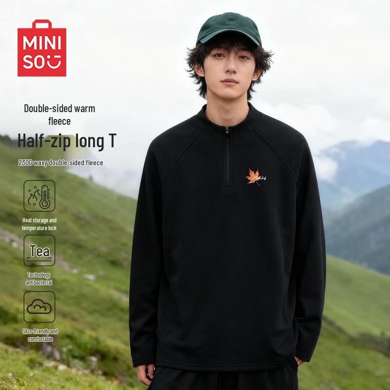 MINISO Men s Autumn/Winter Fleece Lined Stand Collar Half-Zip T-shirt XL