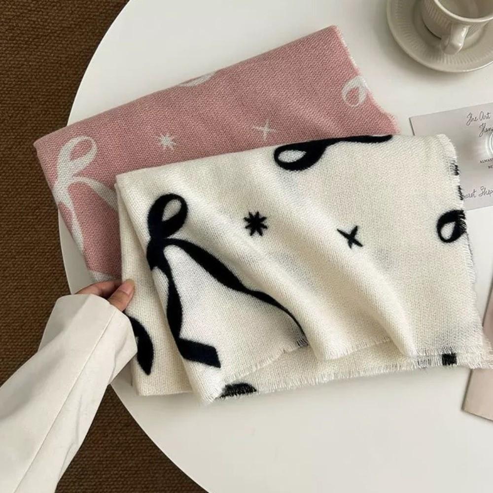 Printed Bow Wool Scarf Thicken Women Cashmere Shawl Temperament Winter Cashmere Scarves Female
