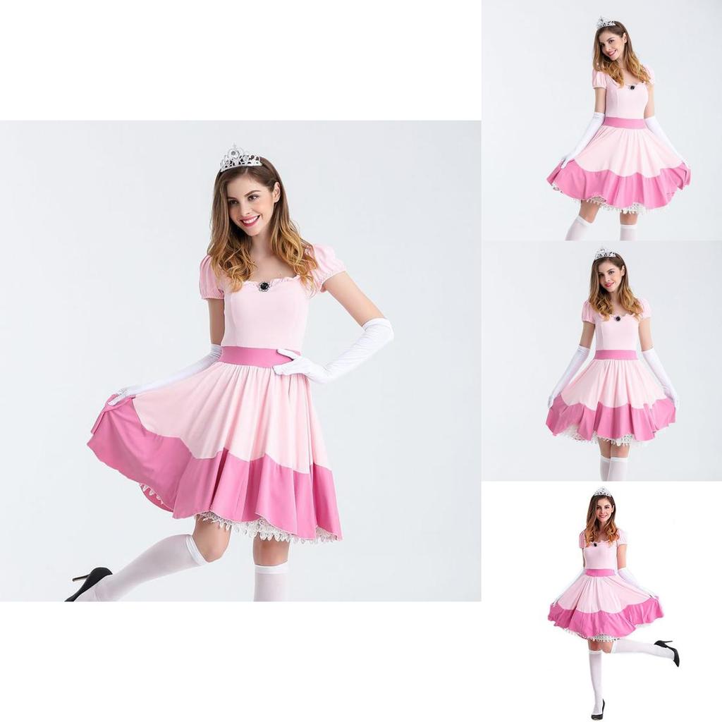 Elegant Super Mario Pink Princess Peach Costume Dress With Crown And Gloves Set