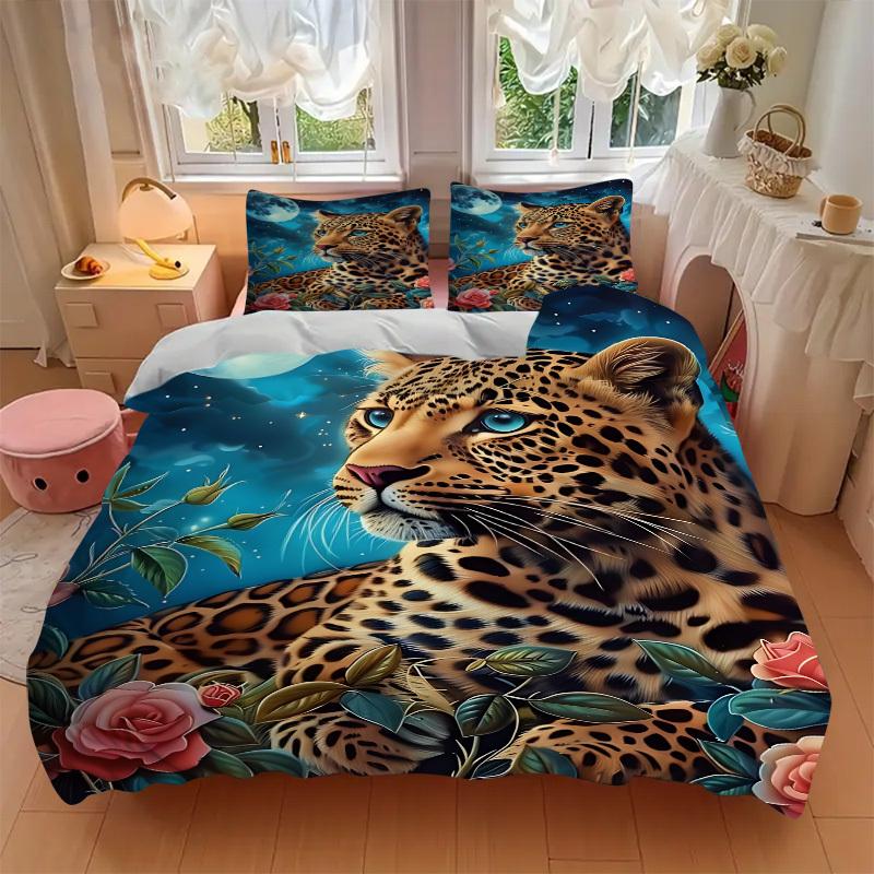 3pcs Leopard Print Duvet Cover Set - Machine Washable, Includes 1 Cover and 2 Pillowcases, No Core Included yy251013002