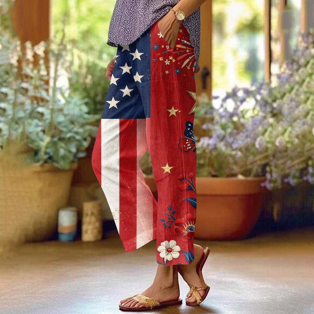 Dámské ležérní módní potištěné kalhoty s rovnými nohavicemi s kapsami