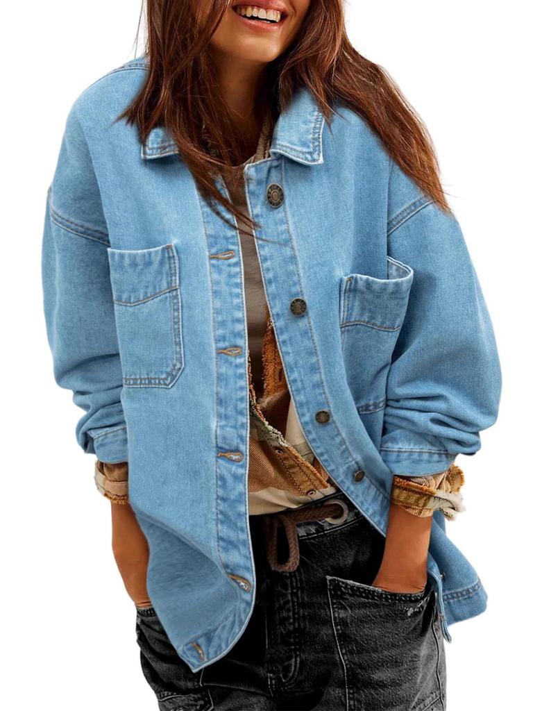 European & American Style Women's Denim Jacket with Large Pockets and Button Long Sleeves