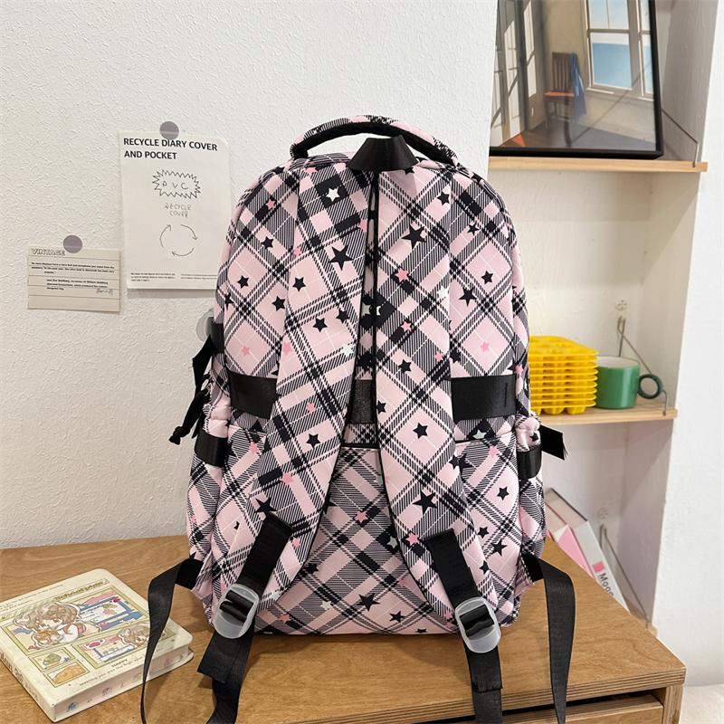Large Capacity Plaid Backpack Women's Star Printed Student School Bag with Coin Purse