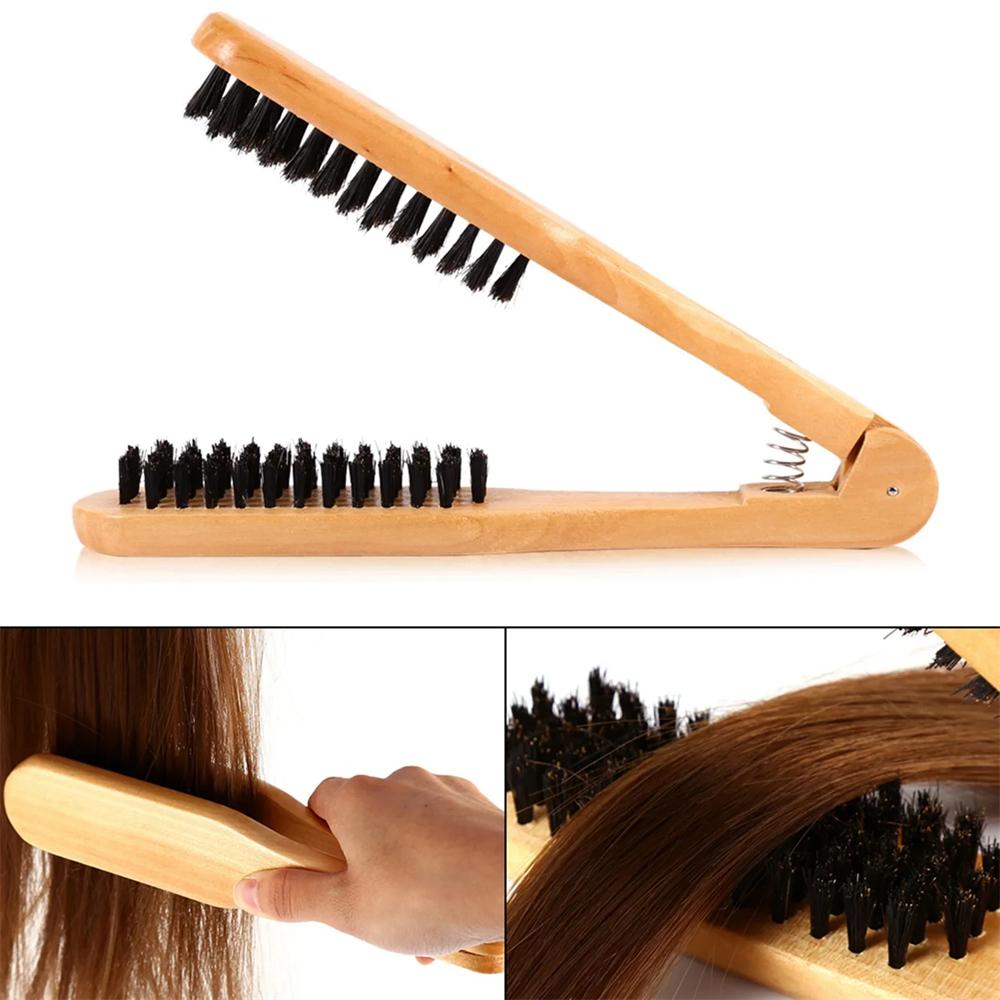 1PC Wood Handle Anti Static Hair Straightening Brush Bristle Straightener Comb For Smooth Natural Look Styling Tool Double Brush