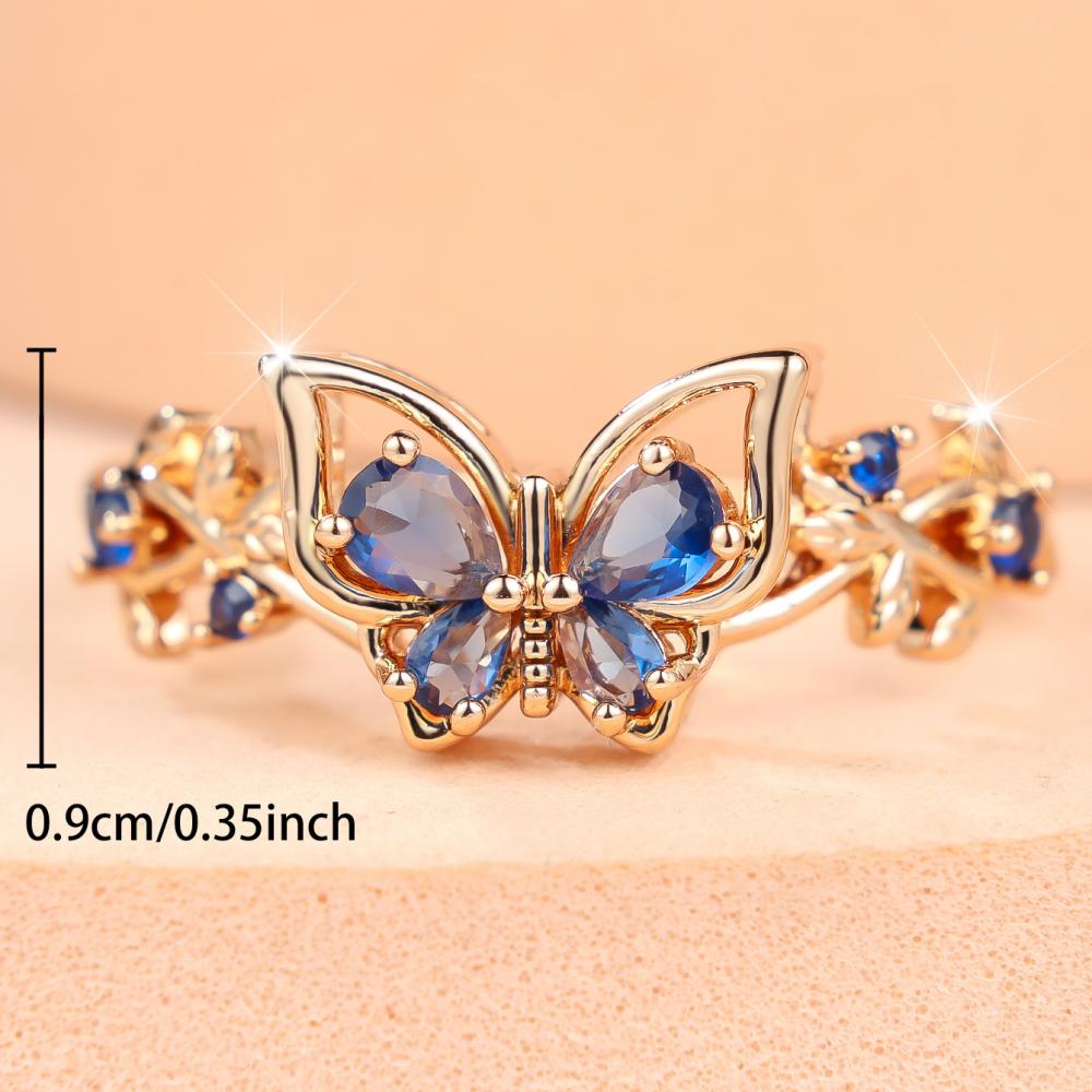 Elegant Gold Color Blue Zircon Flower Side Butterfly Ring for Women Daily Wear