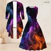 Women Plus Size Two Piece Set Sleeveless Round Neck Tie Waist Printed Flared Dress 3 4 Sleeve Open Front Cardigan