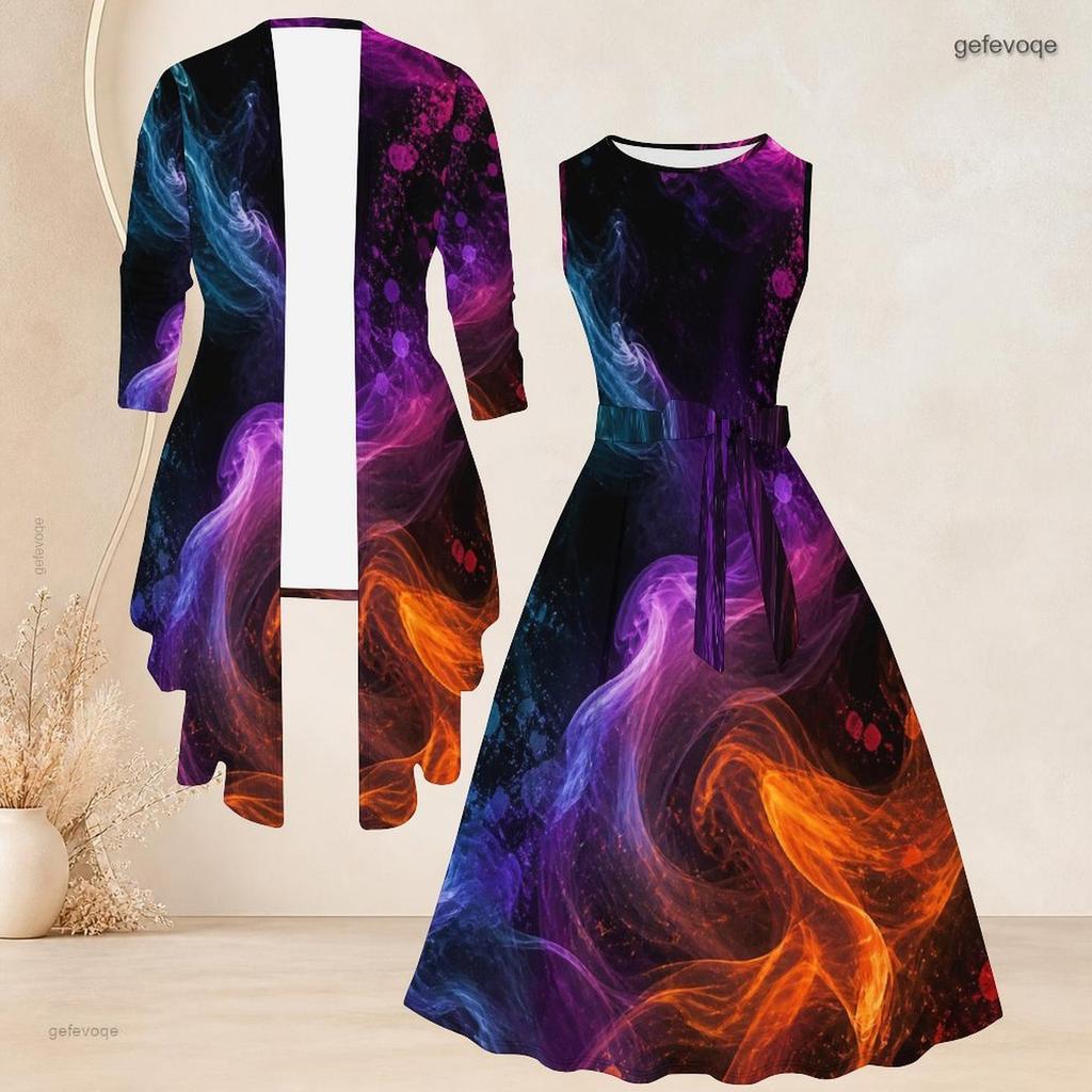 Women Plus Size Two Piece Set Sleeveless Round Neck Tie Waist Printed Flared Dress 3 4 Sleeve Open Front Cardigan