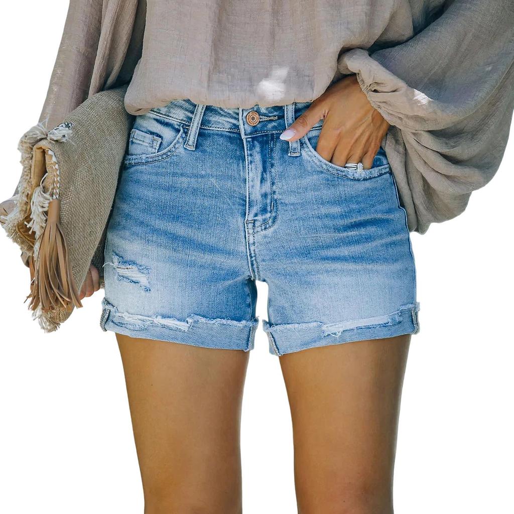 2023 Women's High Elastic Mid-Waist Ripped Denim Shorts