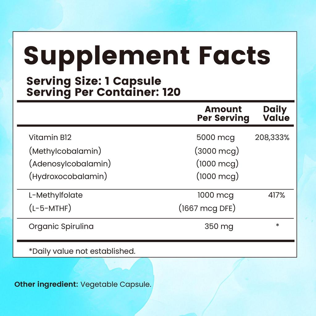 Vollspektrum-Vitamin-B12-Kapseln enthalten alle drei natürlichen Formen von Vitamin B12 und aktive Folsäure, die helfen, Energie, Konzentration und Stimmung zu steigern.