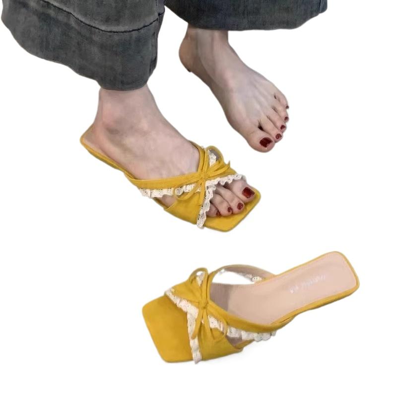 Fashion Hot Selling 2025 New Summer Low Heel Women Slippers Fashion Lace Butterfly-knot Open Toe Slide Ladies Elegant Dress Sandalias