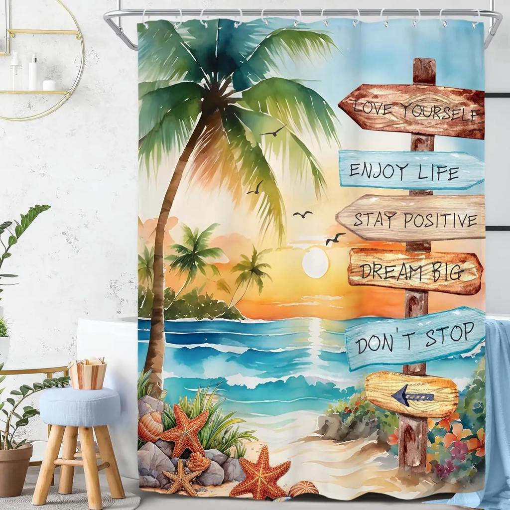 Ins Tropical Beach Palm Tree Shower Curtain Bathroom Decoration Coastal Sunset Landscape Art Waterproof Shower Curtain