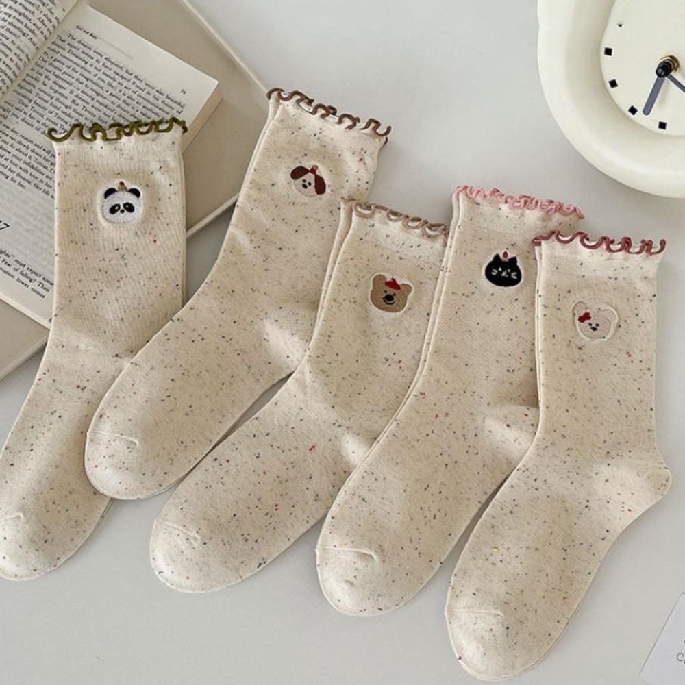 5Pairs Embroidery Ruffled Socks Women Cat Mid-calf Cotton Socks Sweet Bowknot Sock  Students