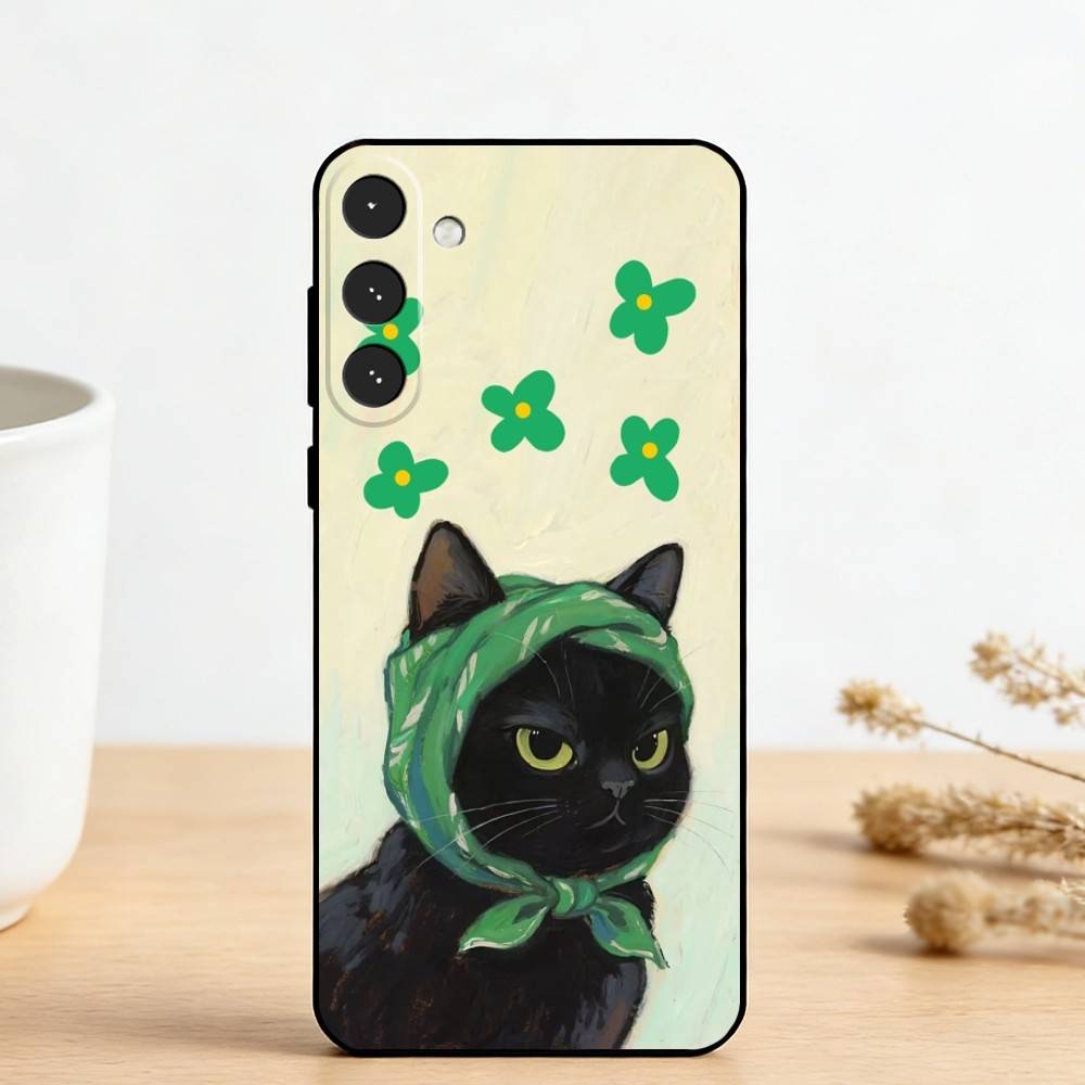 C-Cute Black White Cat   Phone Case For Samsung Galaxy A73,A72,A71,A70,A53,A52,A51,Others Soft Black Cover