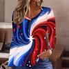 Women Plus Size V Neck Long Sleeve Top Red Blue White Star Swirl Printed Curved Hem