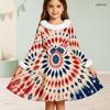 Girls Navy Blue Printed High Neck Long Sleeve A Line Flared Dress With White Fur Trim And Bow