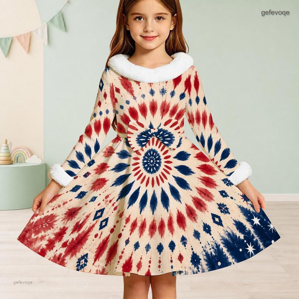 Girls Navy Blue Printed High Neck Long Sleeve A Line Flared Dress With White Fur Trim And Bow