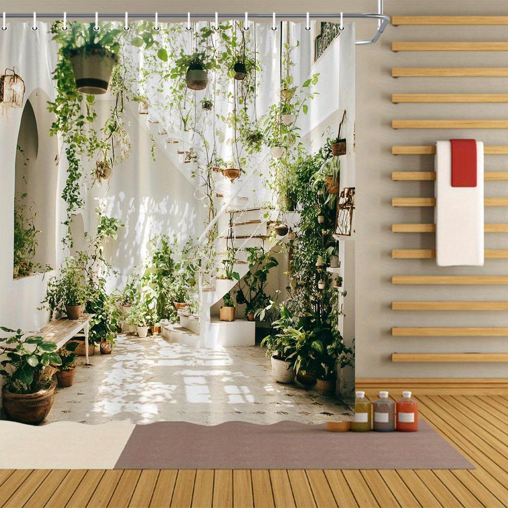 1Pc Shower Curtain - Indoor Garden With Hanging Plants And Staircase Design For A Natural Bathroom Waterproof