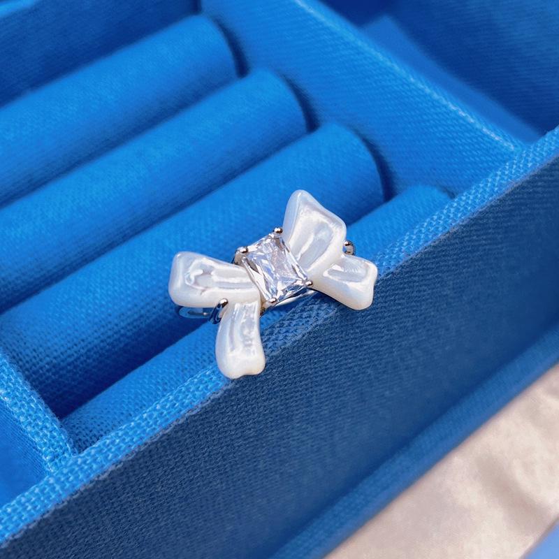 Hejia Mother-of-Pearl Bow Zircon Sterling Silver Ring Set - Women's Japanese & Korean Fashion, Elegant Closed Index Finger Design.