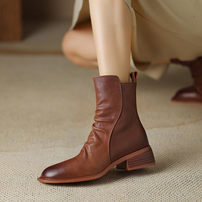 2024 New Genuine Leather Ankle Boots for Women Vintage Zipper Pleated Winter Boots Square Mid Heels Shoes for Women Black Boots