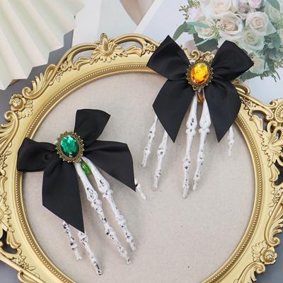 Pinzas para el cabello de mano de esqueleto de Halloween con lazo, horquilla de hueso de mano de cristal sintético, horquilla gótica de calavera, accesorios para el cabello para niñas, fiesta, cosplay