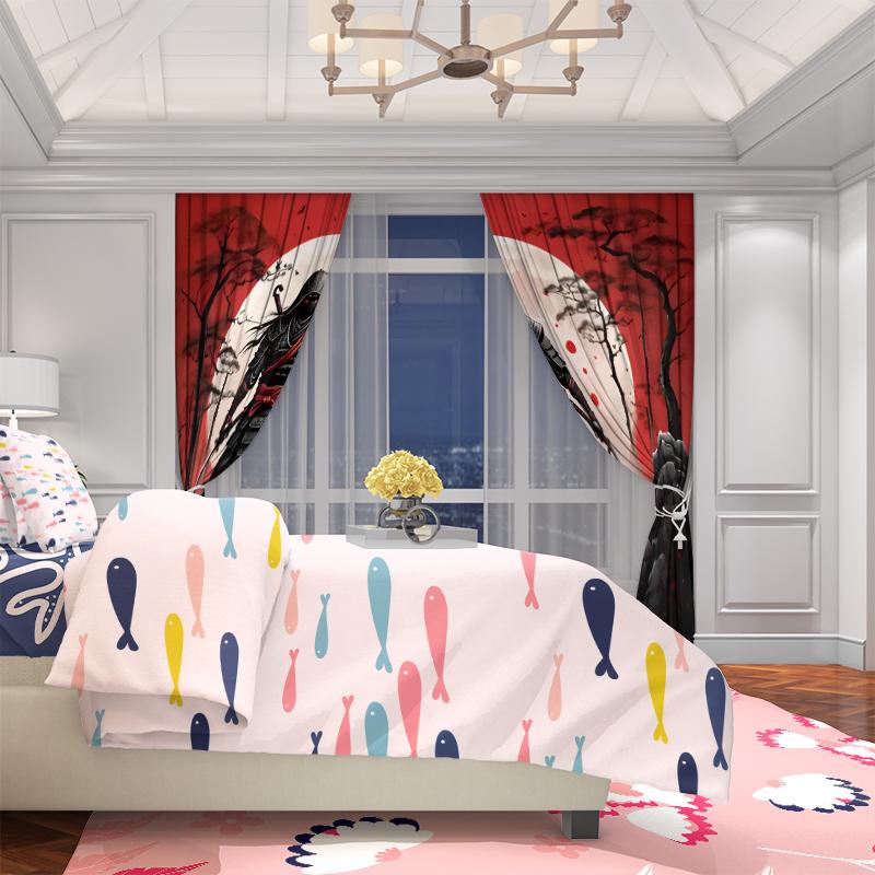 2pcs- Japanese sunset Samurai polyester curtains, pole bag curtains 42*84, bedroom, living room, home room decoration