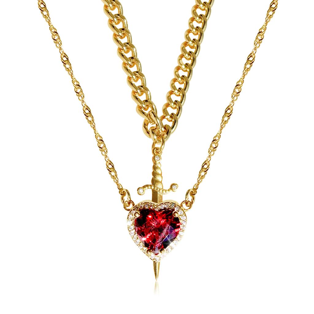 Gold Red Crystal Heart Dagger Pendant Layered Necklace Heart And Sword Necklace For Valentine's Day Couple