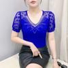 Summer V Neck Short Sleeved Women's T Shirt Fashion Sexy Diamond Mesh Tees Lace
