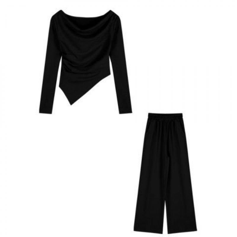 Koreanischer Chic Teefarbener Damen Irregular Top und Straight-Leg Hose Set