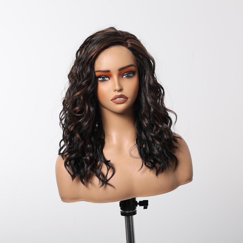 ALAN EATON Medium Length Lace Synthetic Wigs Wavy Red Brown Highlight Wig for Black White Women Natural High Density 18inch