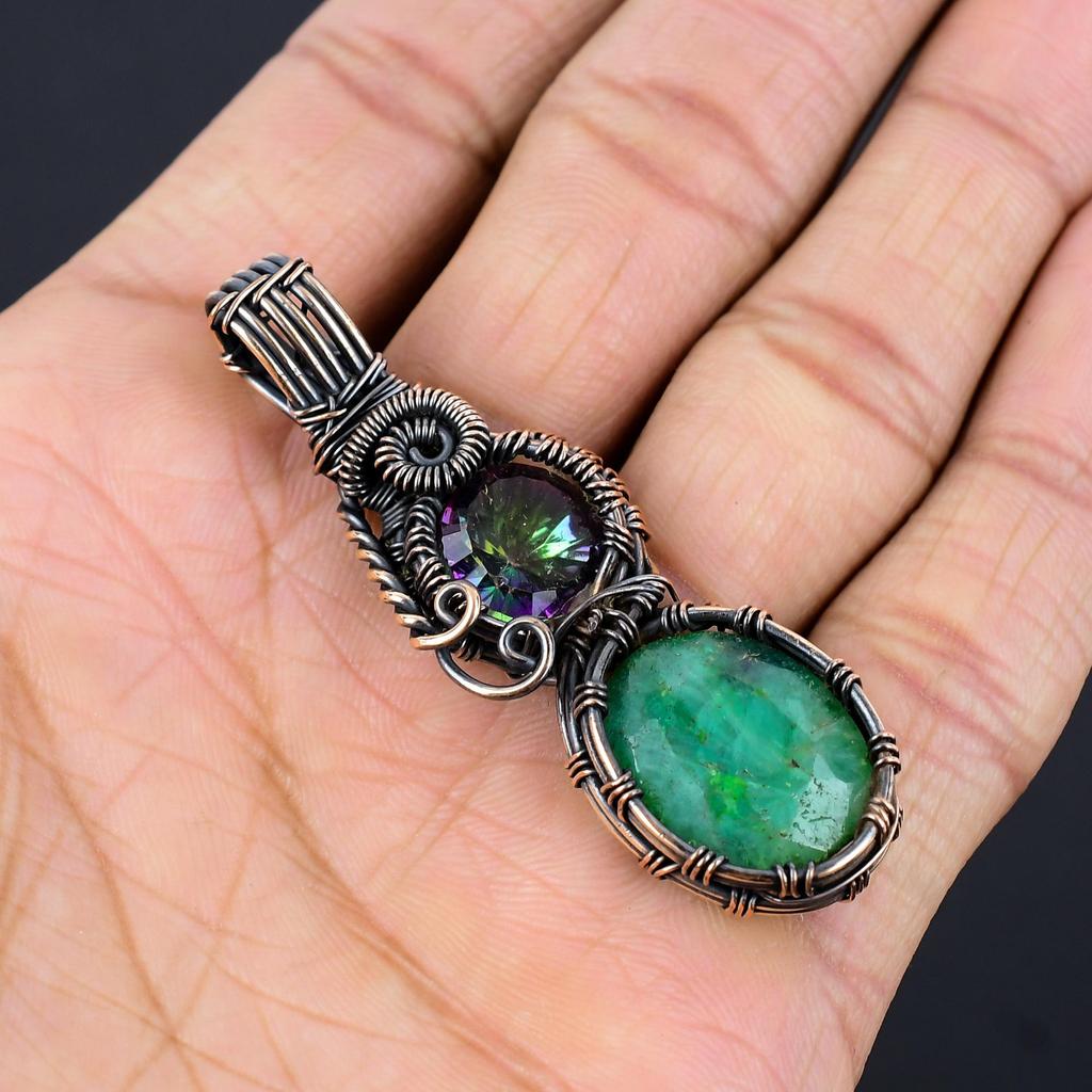 Emerald Pendant, 999 Copper Wire Wrapped Pendant Gemstone Jewelry, Handmade Pendant Amazing Jewelry, Gift For Her
