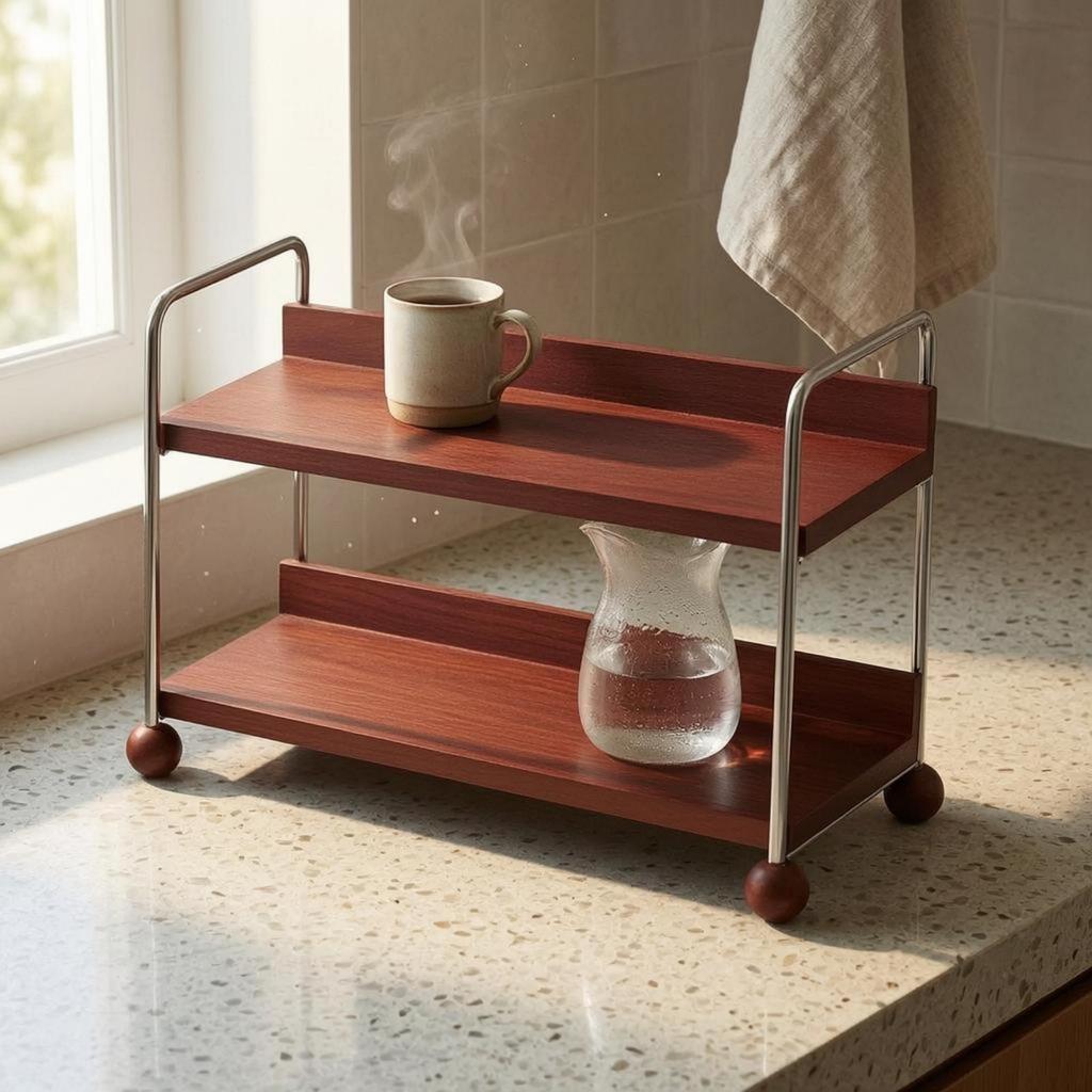 TwoTier Mug Rack Raised Rails Wood and Steel Cup Organizer Wooden Countertop Shelf