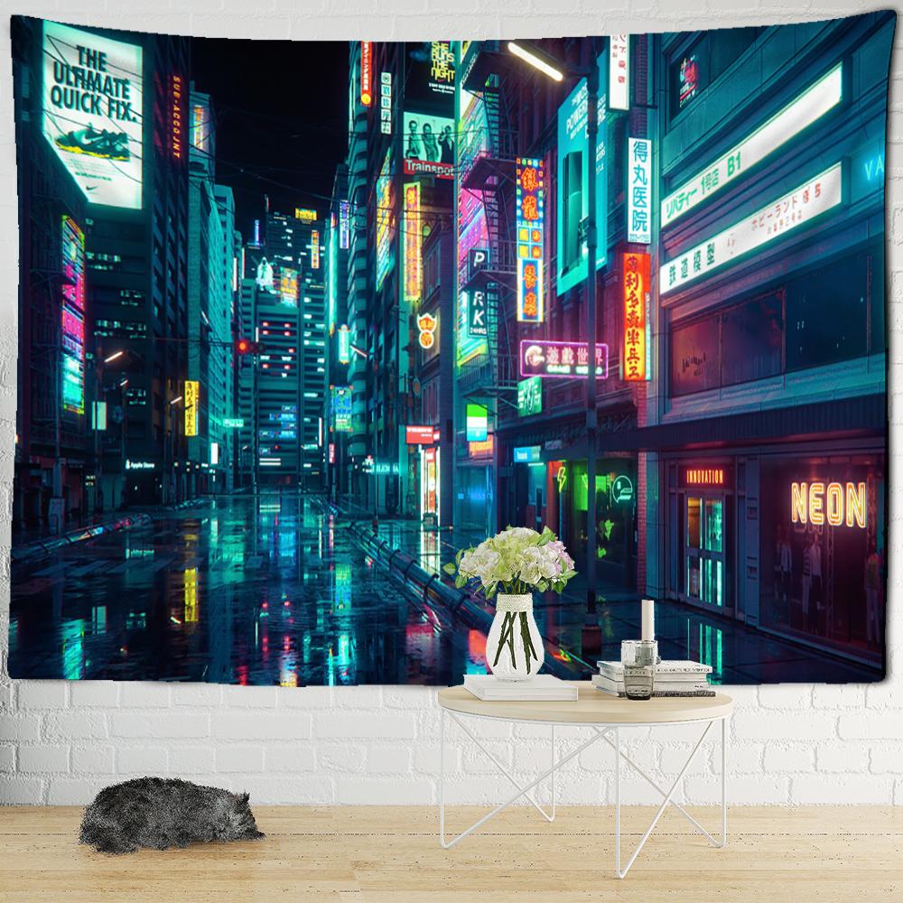 Tapestry s nočním pohledem na Tokio Psychedelická látka na pozadí čarodějnictví Nástěnná dekorace Cikánský domov Dekorace místnosti