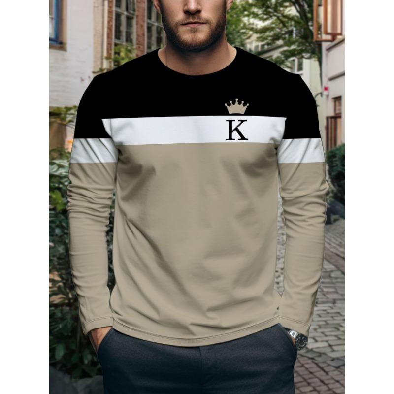 Men'S Stylish Long-Sleeve T-Shirt with a Round Neck, Featuring a Trendy Color-Block Design And a Unique Letter K Crown Print