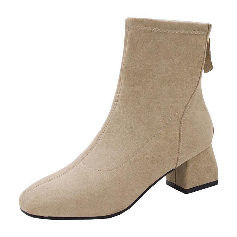 French Chic Slim Square Toe Ankle Boots: Autumn/Winter Stretch with Chunky High Heel