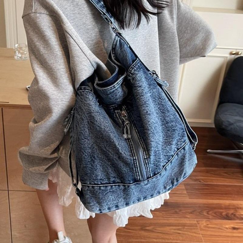 Denim Messenger Bag Women's Lazy Style Retro Simple Shoulder Bag Large Capacity Travel Backpack Commuter Women's Bag