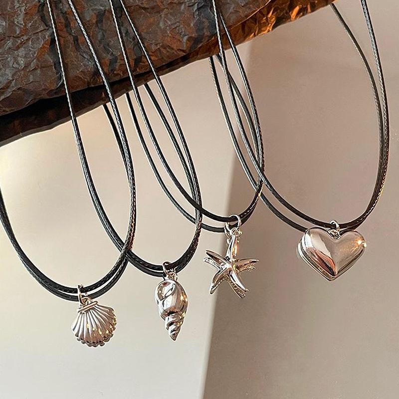Retro Black Rope Heart Shell Pendant Necklace For Women Starfish Clavicle Chain Necklace Trendy Accessories Gift