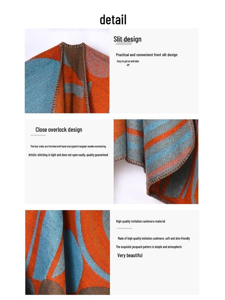 Outono/Inverno Costura Geométrica Xale Quente Feminino Capa com Fenda