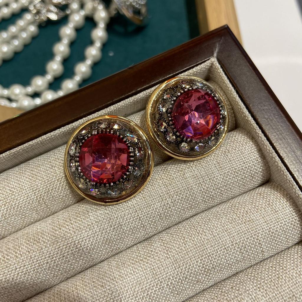 French Retro Rose Ruby Round Stud Earrings Autumn And Winter Brass Old Diamond Stud Earrings Premium Ear Jewelry