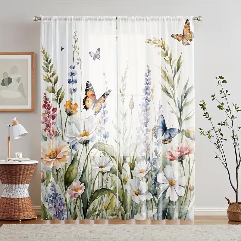 2 Pcs Butterfly Flower Print Curtains,suitable for Bedroom,living Room Kitchen Decoration,home Decoration,window Decoration