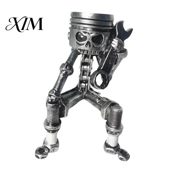 Cyberpunk Style Collectible Mechanical Skull Figurine with Gear Base, Industrial Piston-Head Skeleton Statue Wrench, Gift for Car Lovers Gearheads
