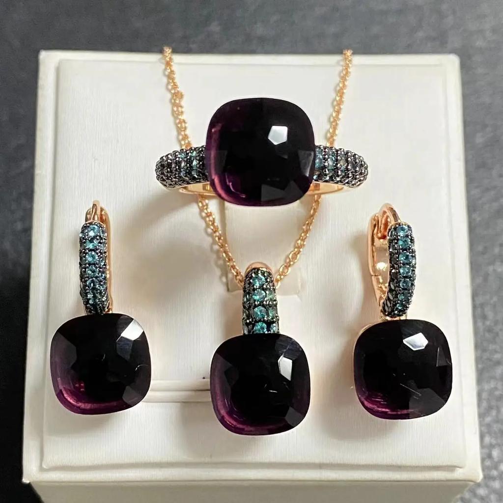 3Pcs Gun Black Plated Blue Zircon Jewelry Set for Women Includes Ring Earrings Necklace Elegant Crystal Blue Topaz Matching Gift