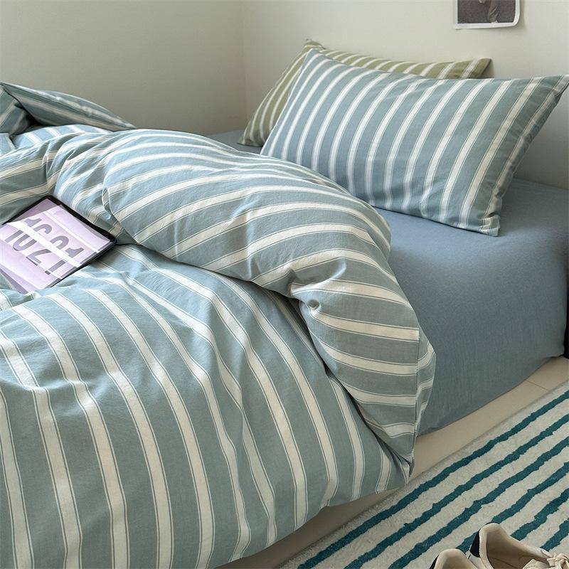 Retro Striped Four-piece Set, Cotton Pure Cotton 100 Washed Cotton Bed Sheet Quilt Cover, Male Student Dormitory Bed Three-piece Set 1