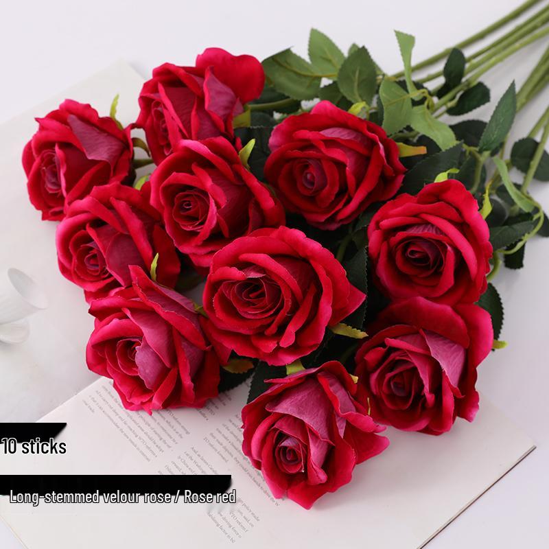 Red Velvet Rose Artificial Flowers - 10 Long Stems for Living Room or TV Cabinet Decor