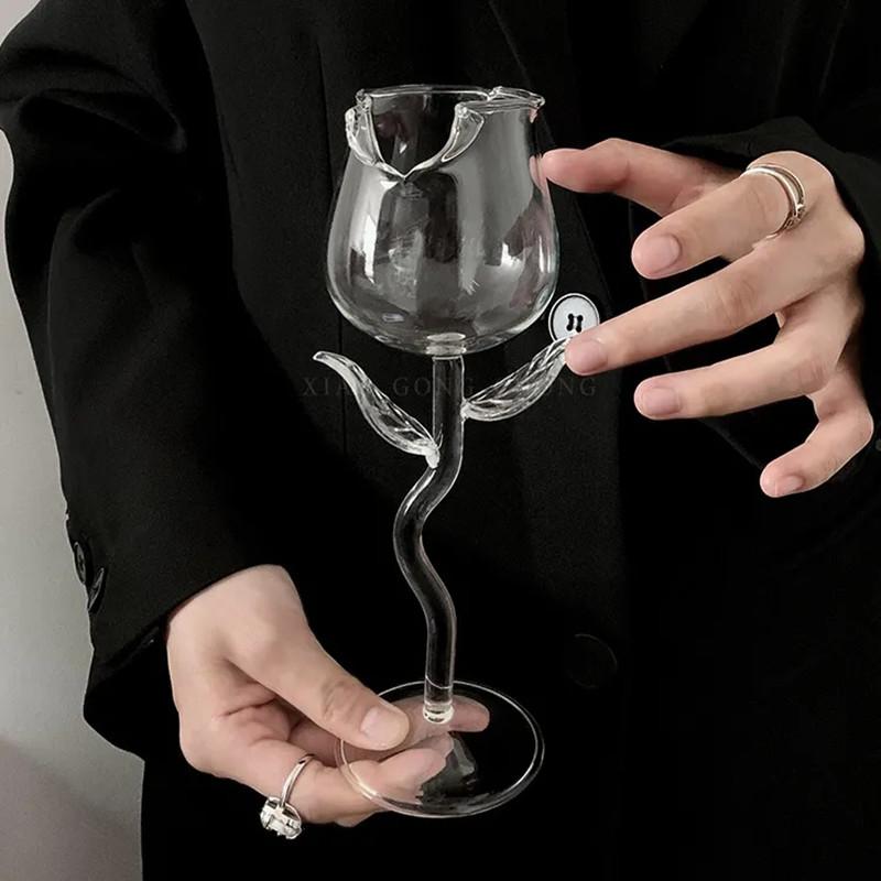 Creative Cocktail Glass Clear Rose Shape Wine Glass with Clear Leaves Glasses Shot Glass Cup Wedding Table Decoration Gift